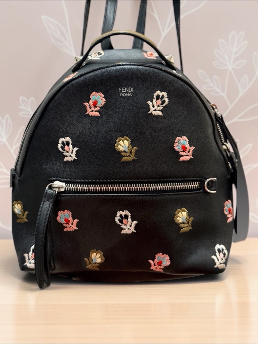 Fendi By The Way Zaino Mini Backpack Black Leather Floral 8BZ038 + COA